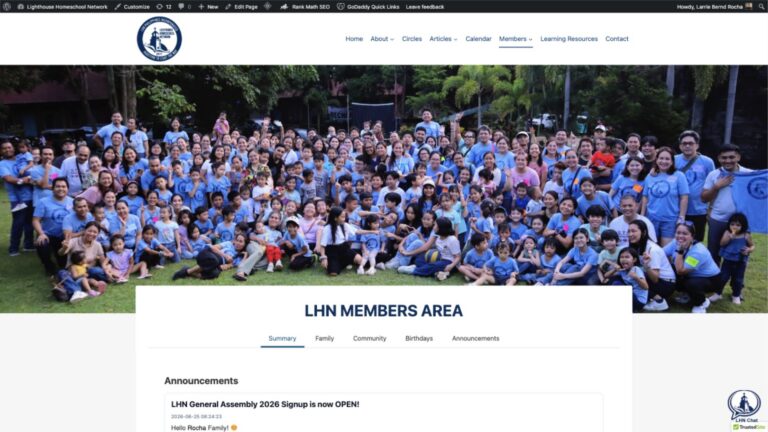 Live LHN Members Area page showing announcements, family, community, birthdays, and member information.